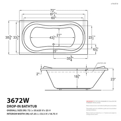 Whisper 36 x 72 Rectangular Soaking Bathtub with Reversible Drain