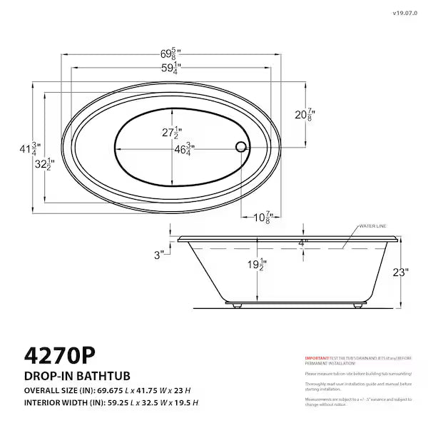 Topaz Series 70 in. x 42 in. Oval Whirlpool Bathtub with Right Side Drain and V-Style Back Jets in Glossy Smooth White
