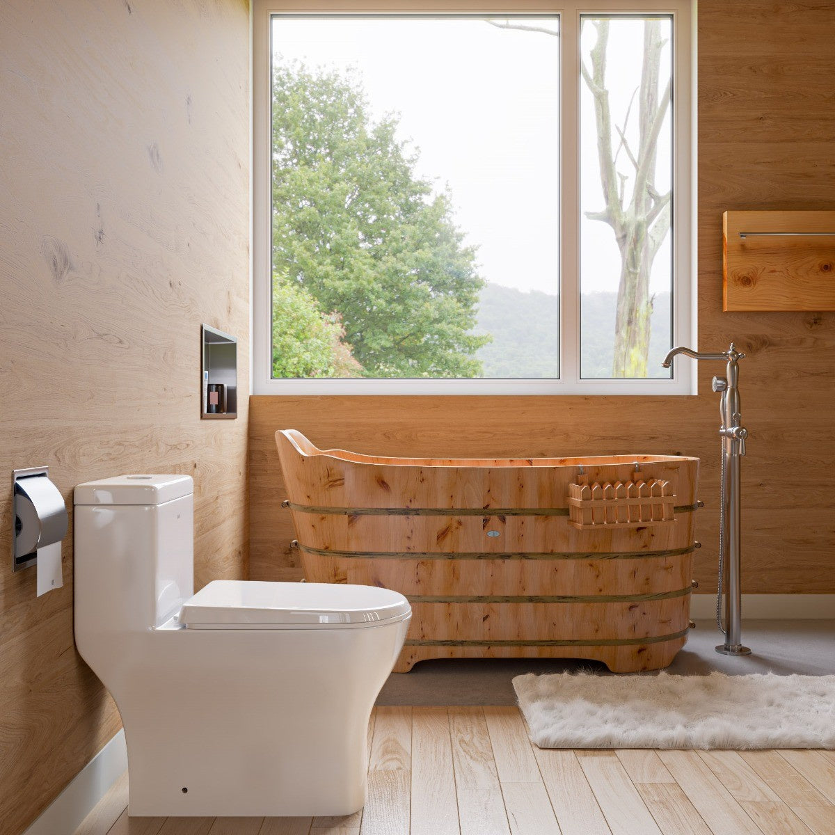 Free Standing Cedar Wood Bathtub with Bench by Alfi