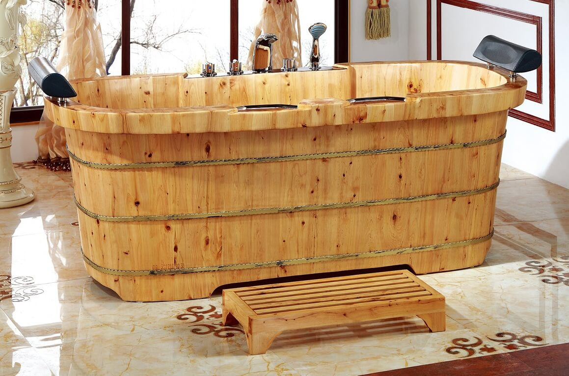 2 Person Free Standing Cedar Wooden Bathtub with Fixtures & Headrests by Alfi