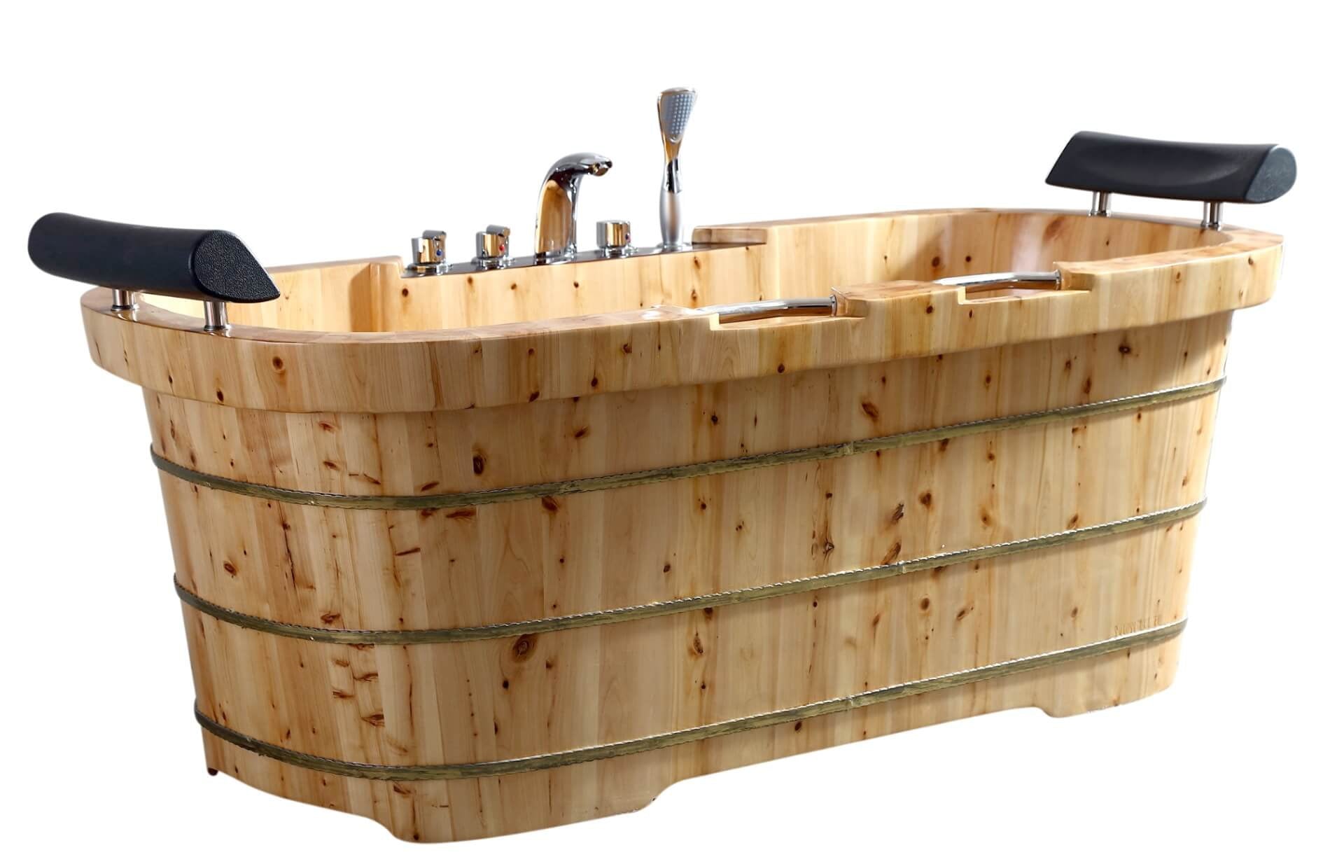2 Person Free Standing Cedar Wooden Bathtub with Fixtures & Headrests by Alfi