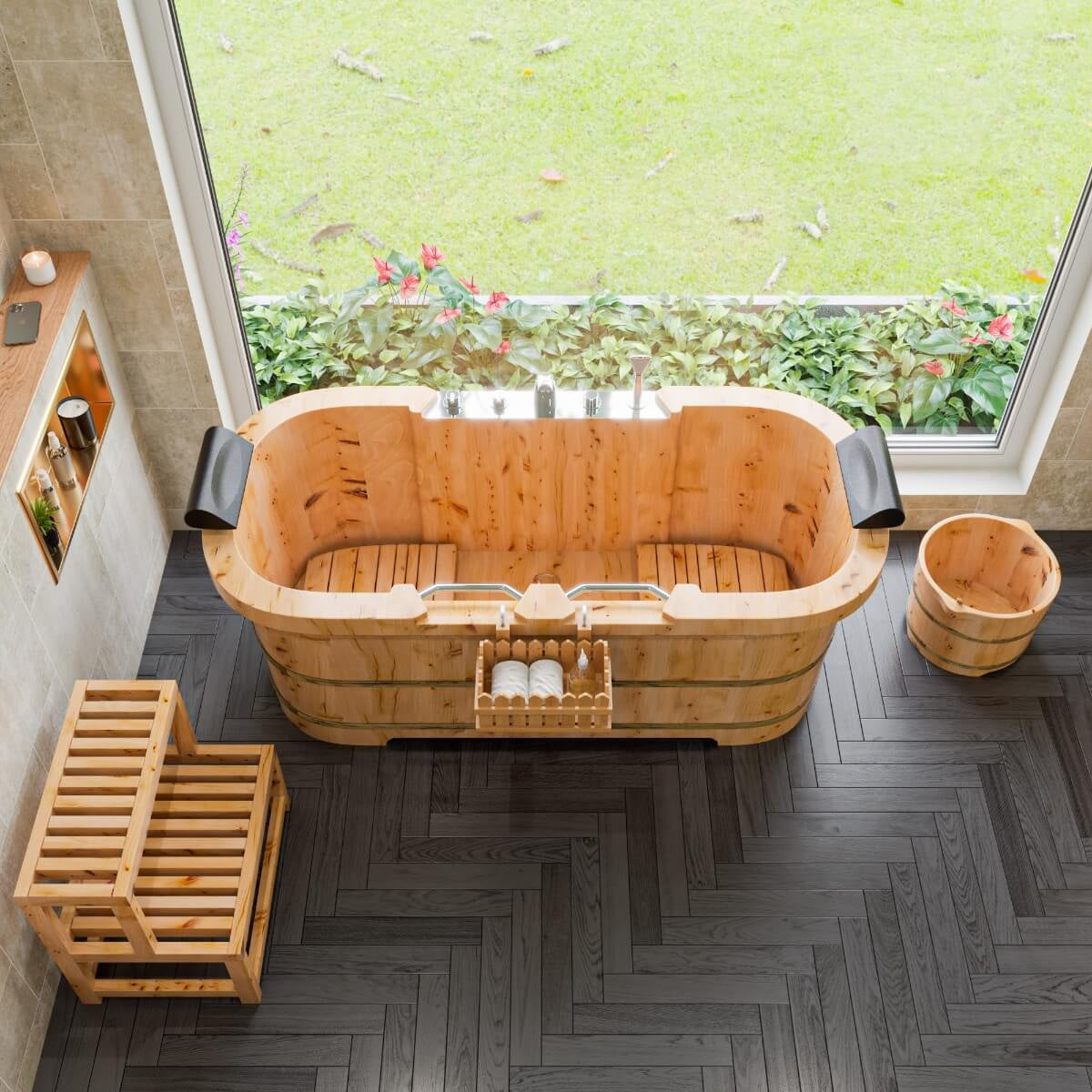 2 Person Free Standing Cedar Wooden Bathtub with Fixtures & Headrests by Alfi