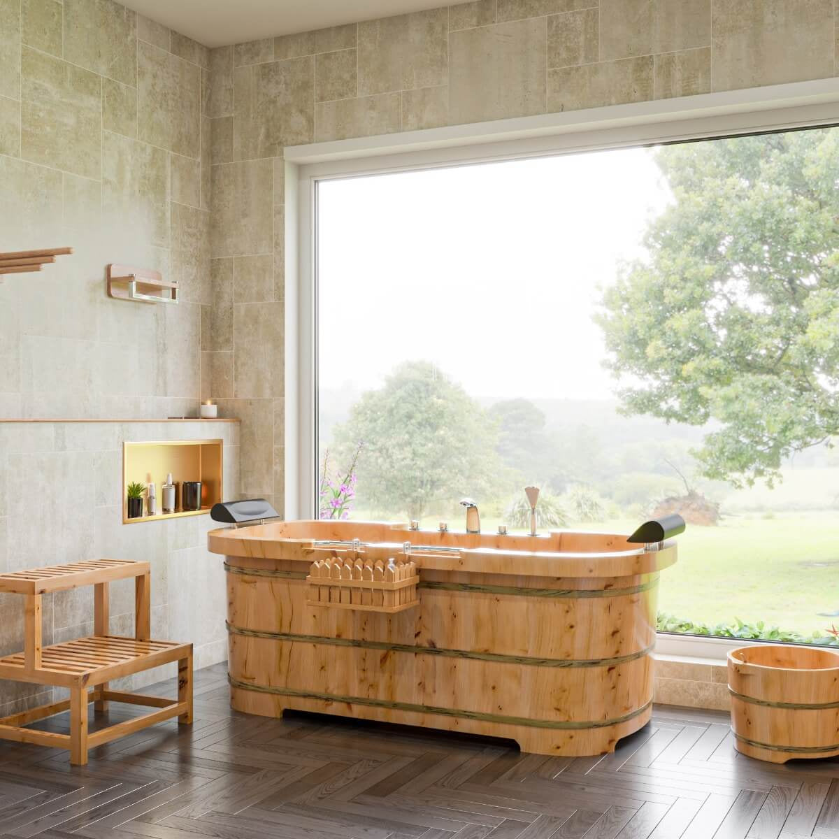 2 Person Free Standing Cedar Wooden Bathtub with Fixtures & Headrests by Alfi