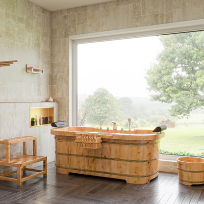 2 Person Free Standing Cedar Wooden Bathtub with Fixtures & Headrests by Alfi