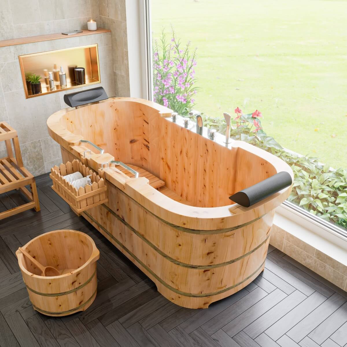 2 Person Free Standing Cedar Wooden Bathtub with Fixtures & Headrests by Alfi