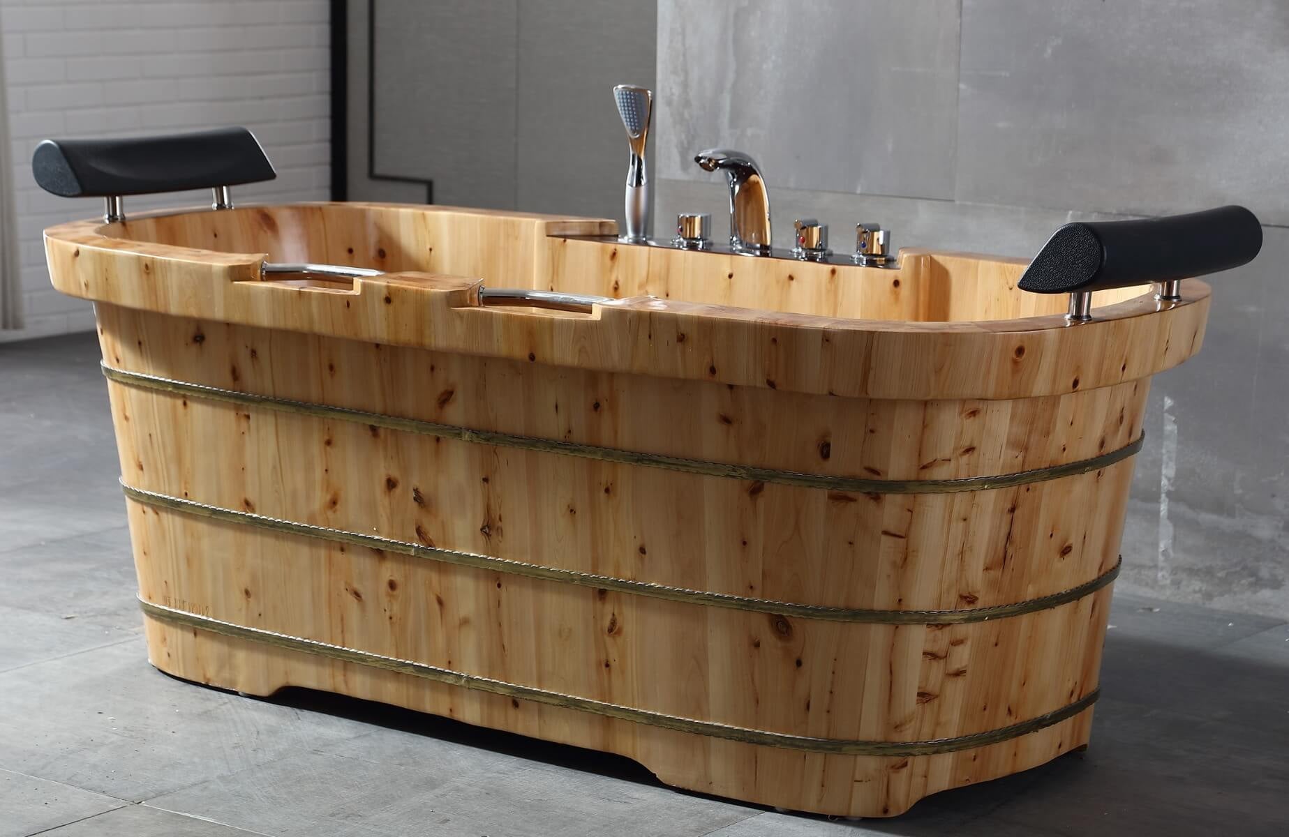 2 Person Free Standing Cedar Wooden Bathtub with Fixtures & Headrests by Alfi
