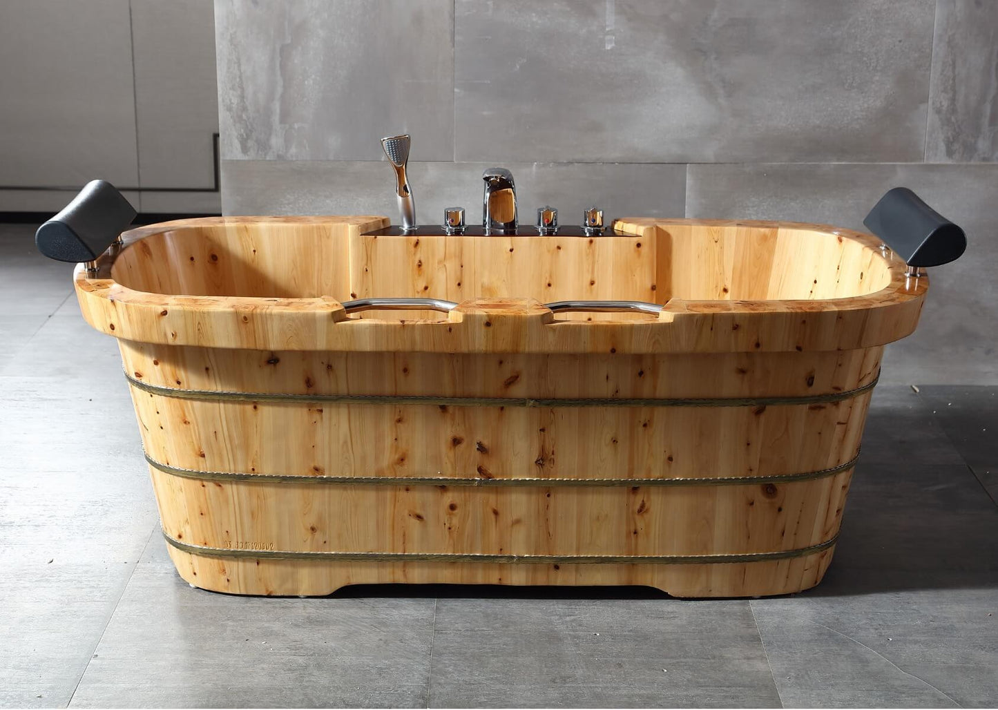 2 Person Free Standing Cedar Wooden Bathtub with Fixtures & Headrests by Alfi