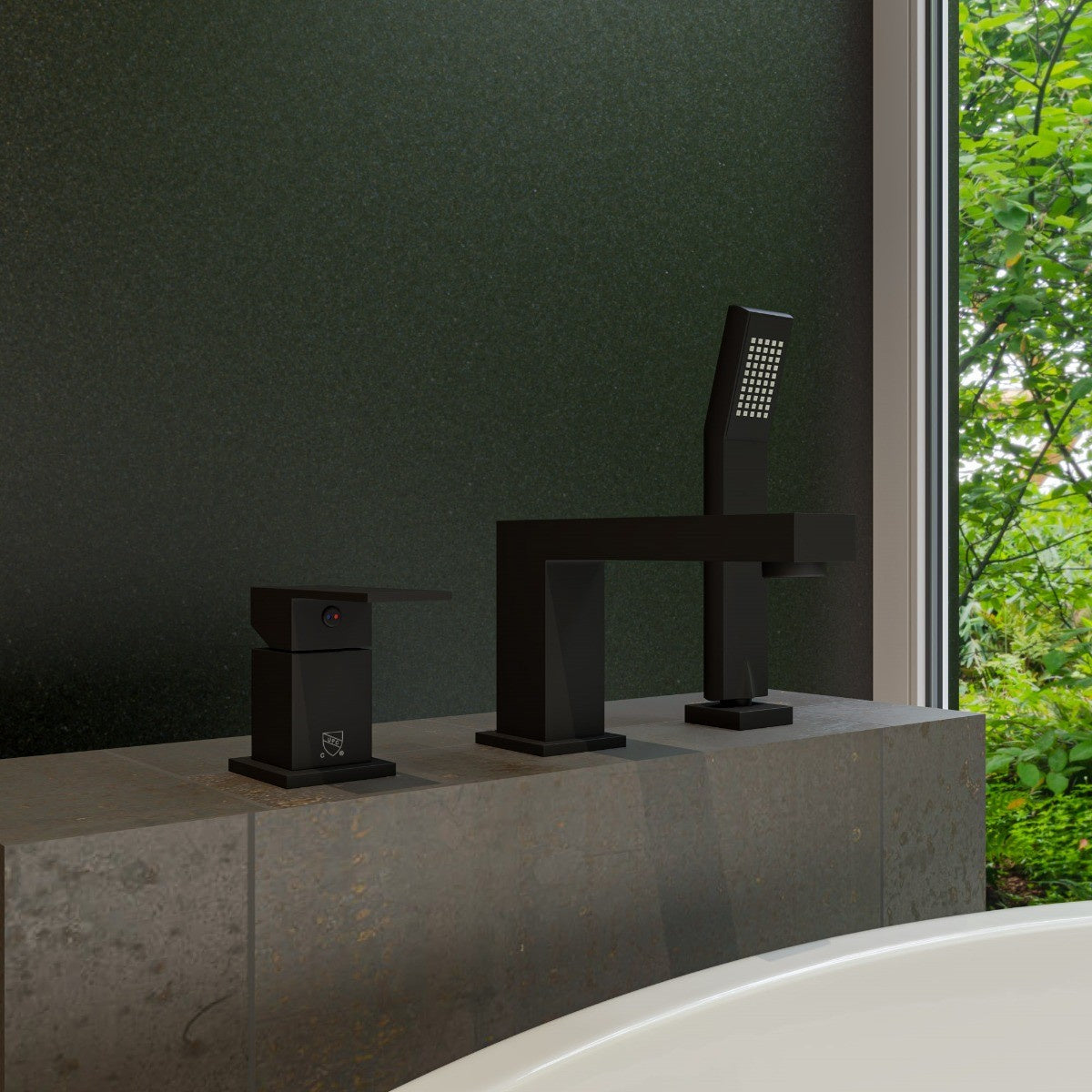 Deck Mounted Tub Filler and Square Hand Held Shower Head by Alfi