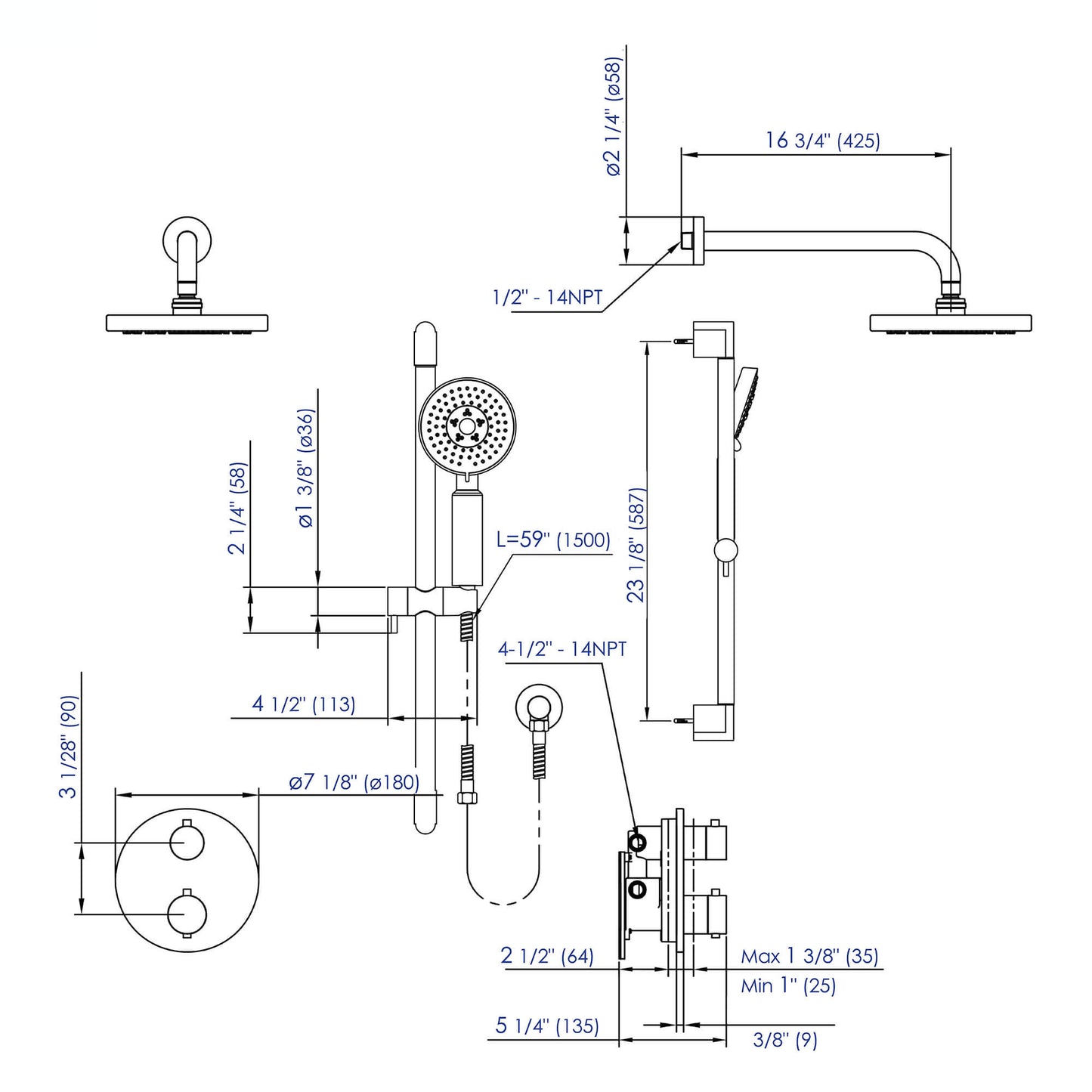 Round Style 2 Way Thermostatic Shower Set by Alfi