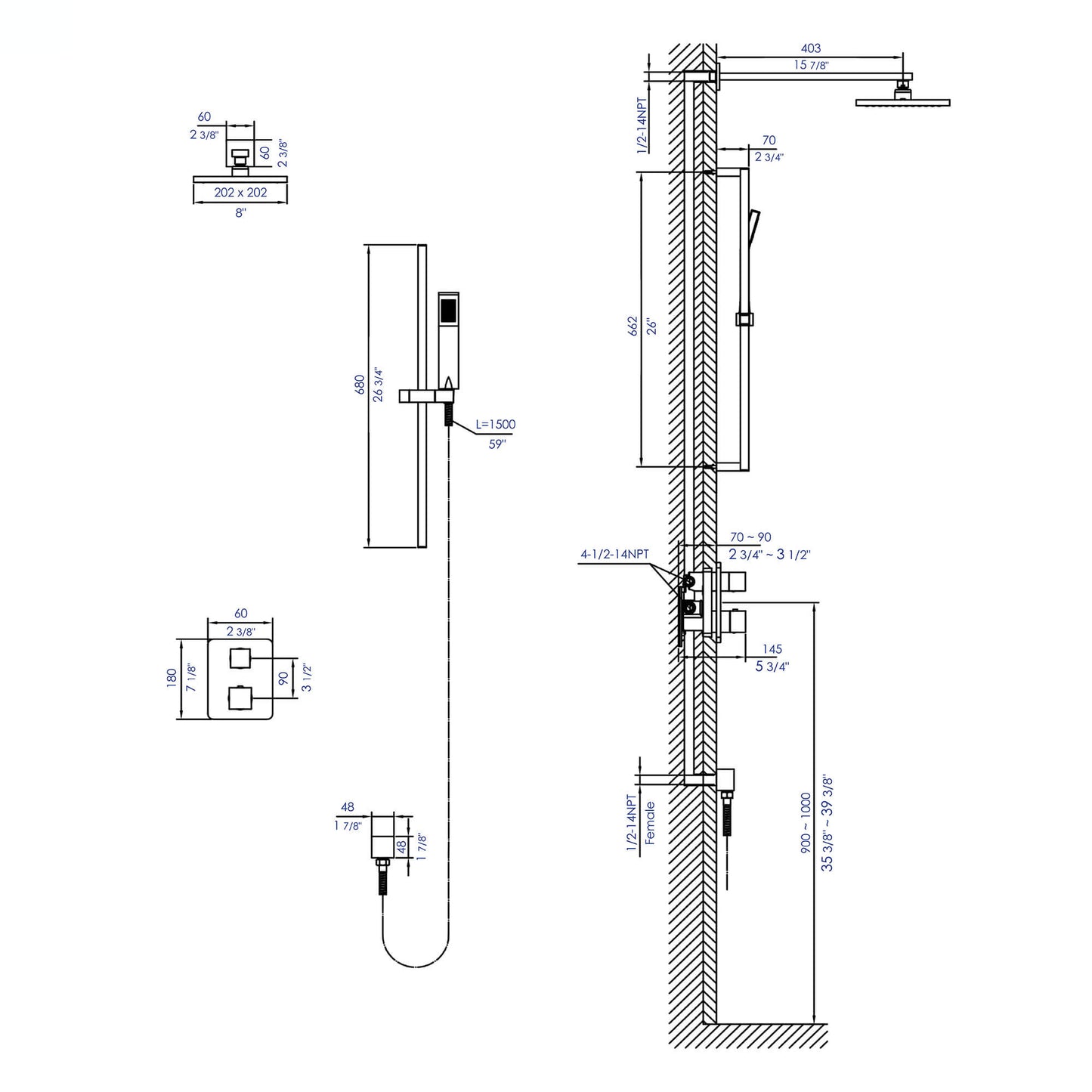 2 Way Thermostatic Square Knob Shower Set w/ Hand held Showerhead by Alfi