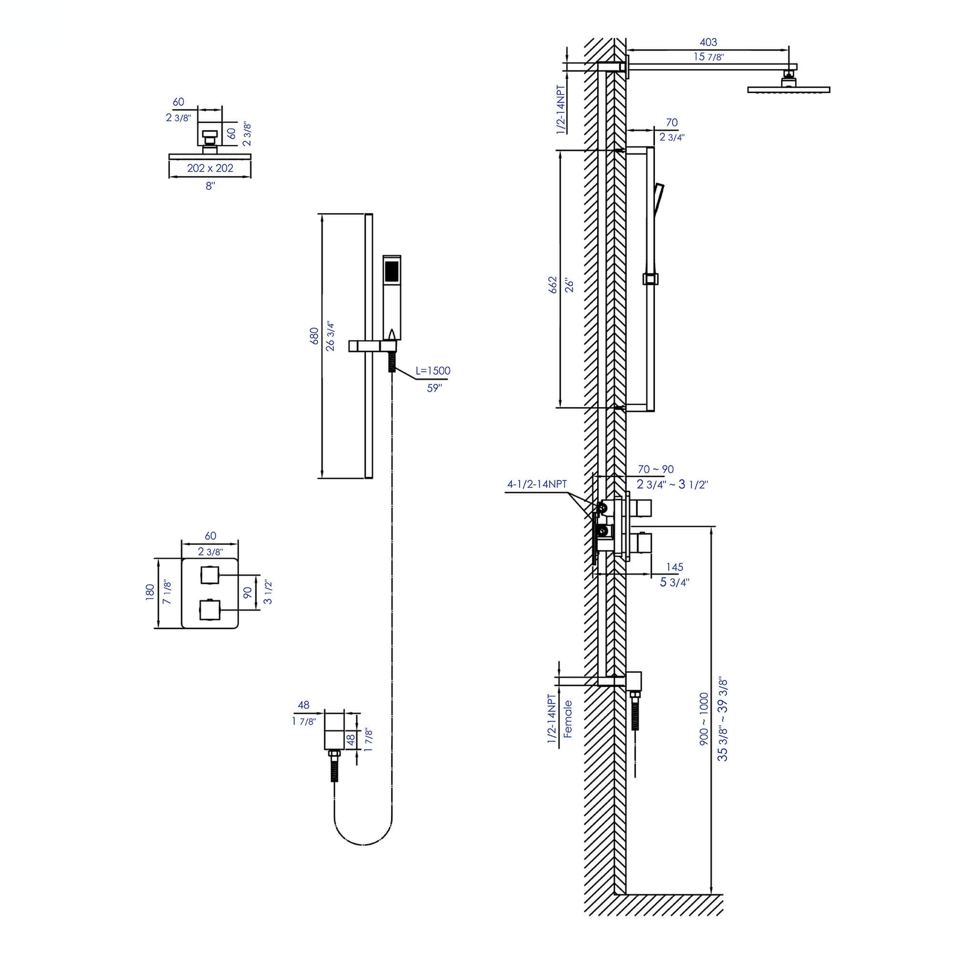 2 Way Thermostatic Square Knob Shower Set w/ Hand held Showerhead by Alfi