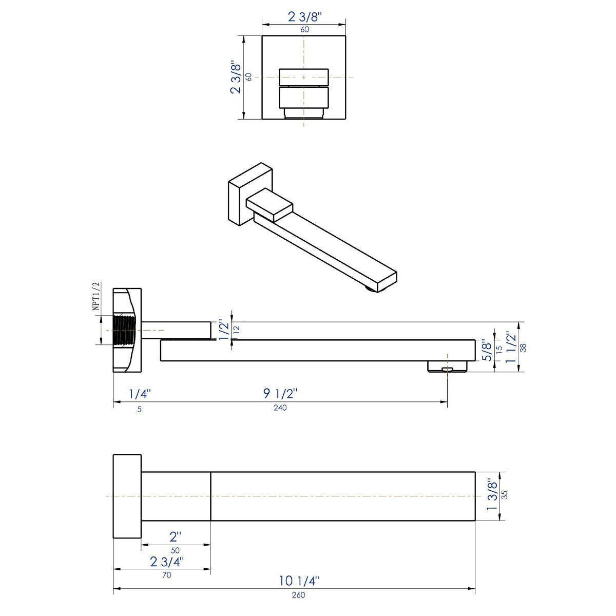 1 Solid Brass Square Foldable Tub Spout by Alfi