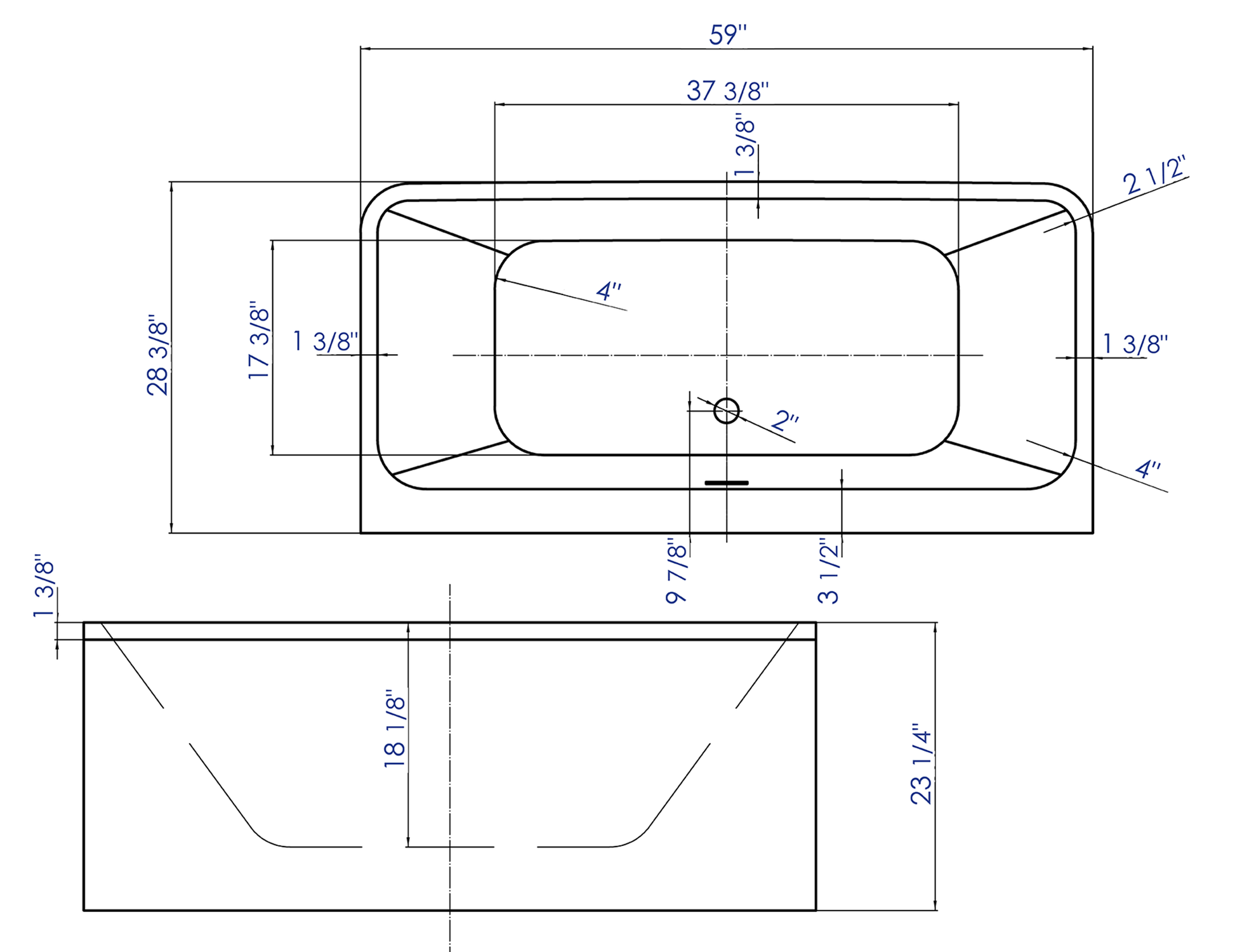 Sculptural Element 59 Inch White Rectangular Acrylic Free Standing Soaking Bathtub by Alfi