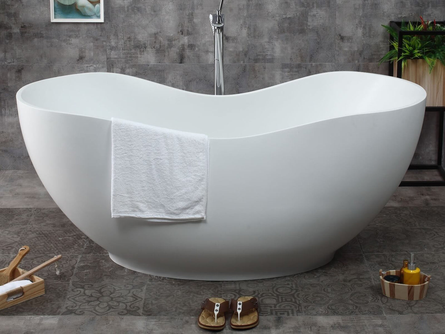 66" White Solid Surface Smooth Resin Soaking Bathtub by Alfi