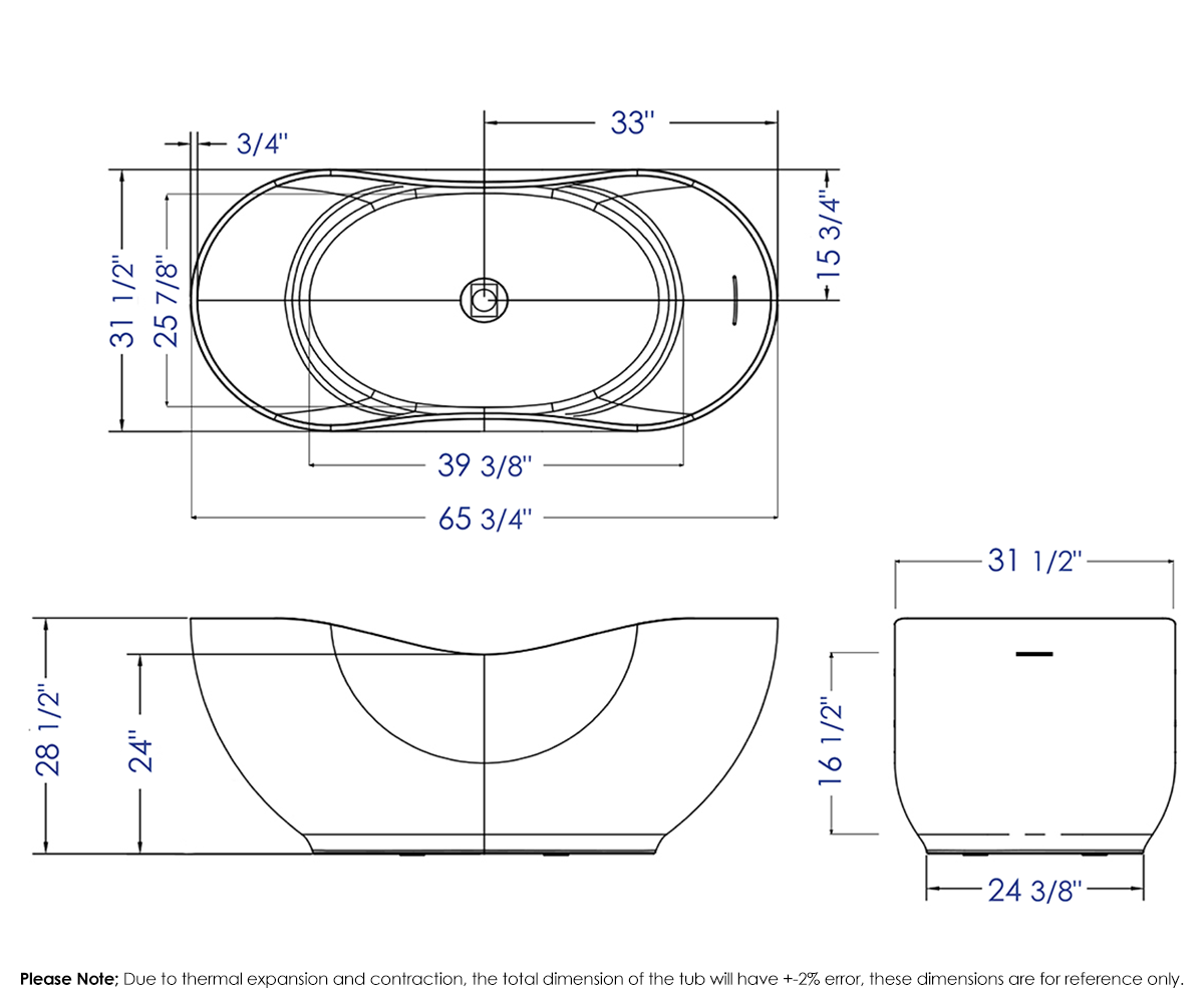 66" White Solid Surface Smooth Resin Soaking Bathtub by Alfi