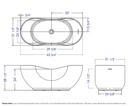 66" White Solid Surface Smooth Resin Soaking Bathtub by Alfi