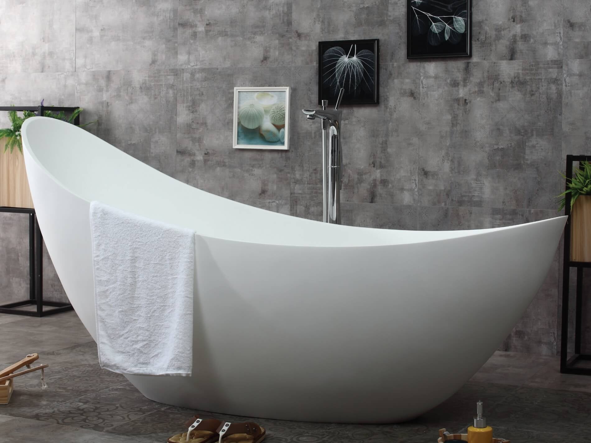 73" White Solid Surface Smooth Resin Soaking Slipper Bathtub by Alfi