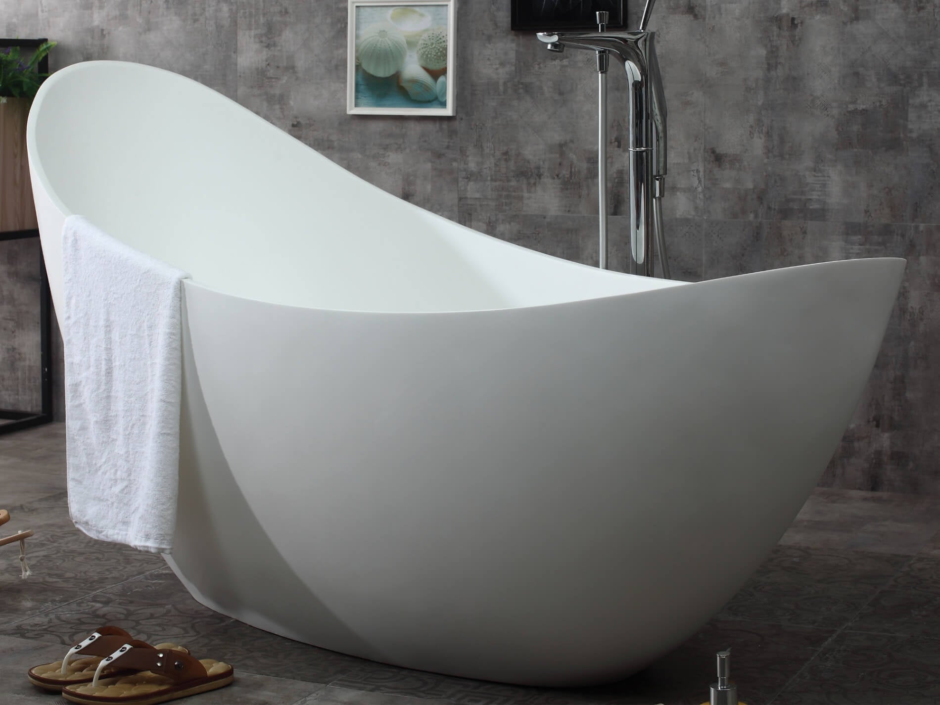 73" White Solid Surface Smooth Resin Soaking Slipper Bathtub by Alfi
