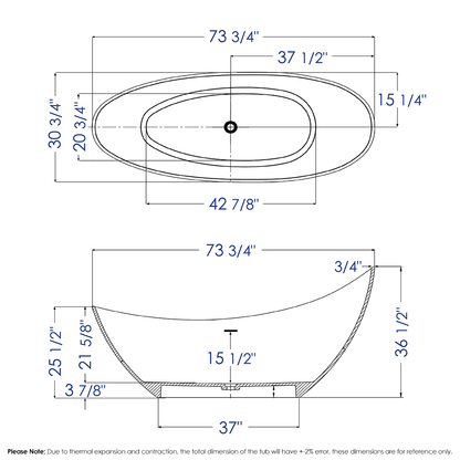 73" White Solid Surface Smooth Resin Soaking Slipper Bathtub by Alfi