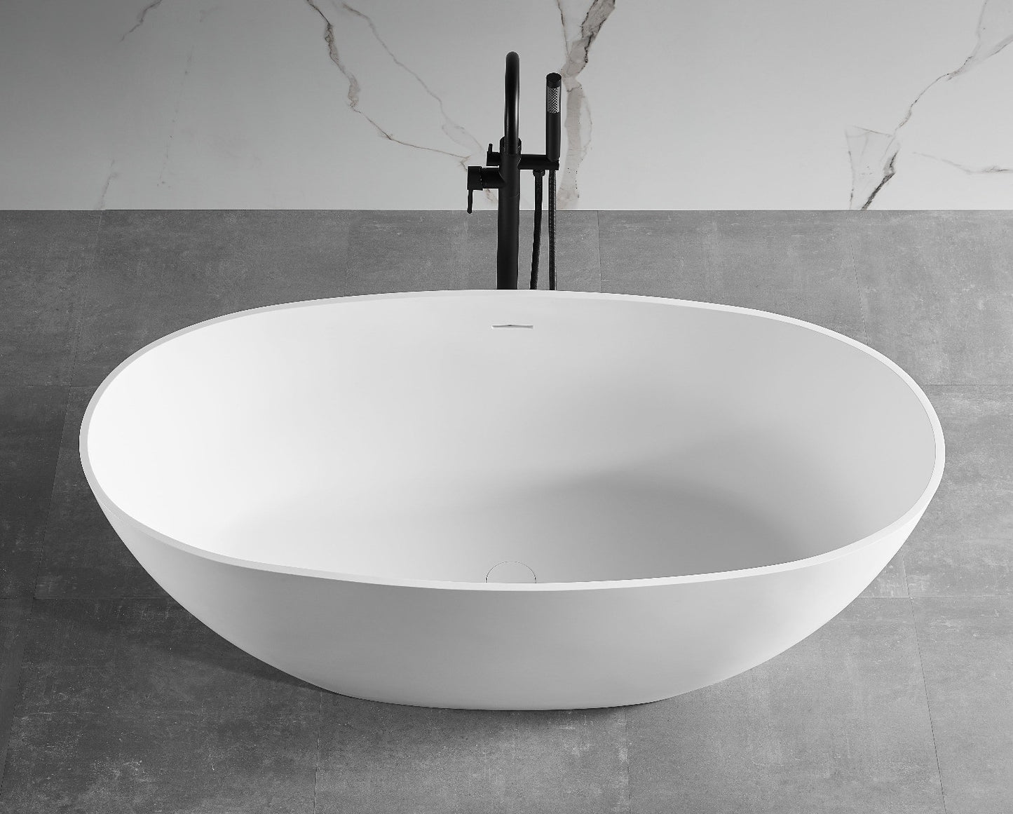 59" White Oval Solid Surface Resin Soaking Bathtub by Alfi