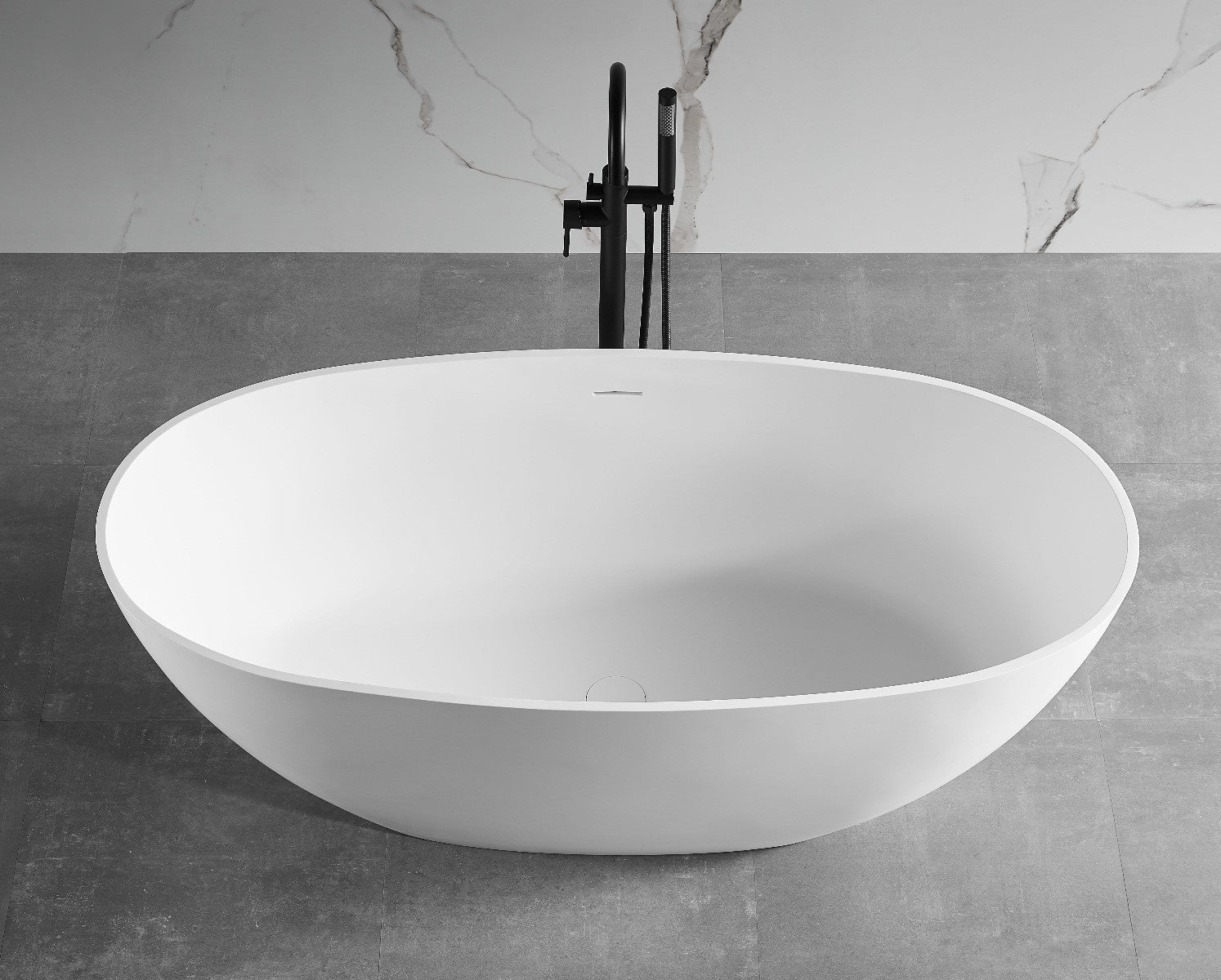59" White Oval Solid Surface Resin Soaking Bathtub by Alfi