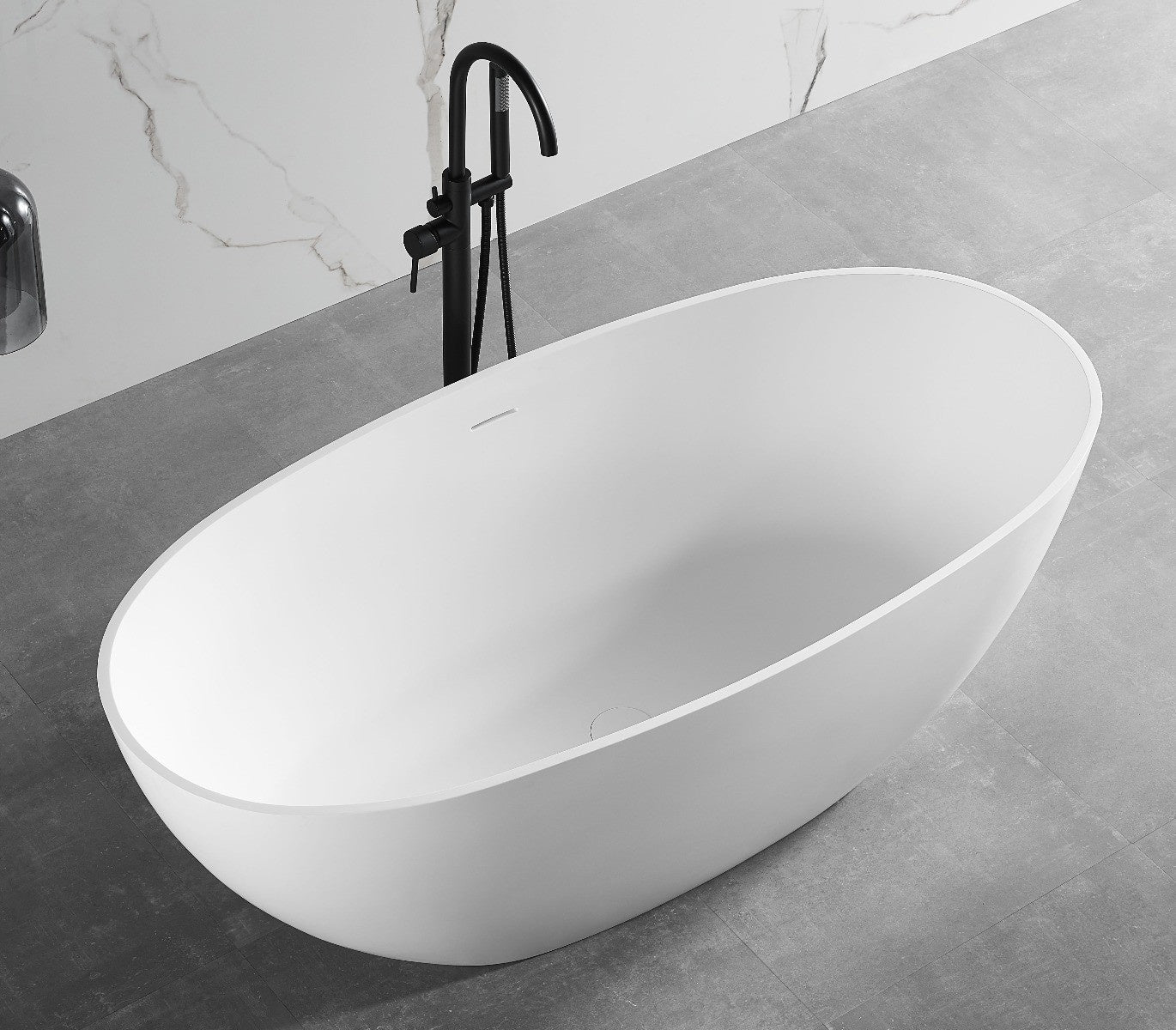 59" White Oval Solid Surface Resin Soaking Bathtub by Alfi