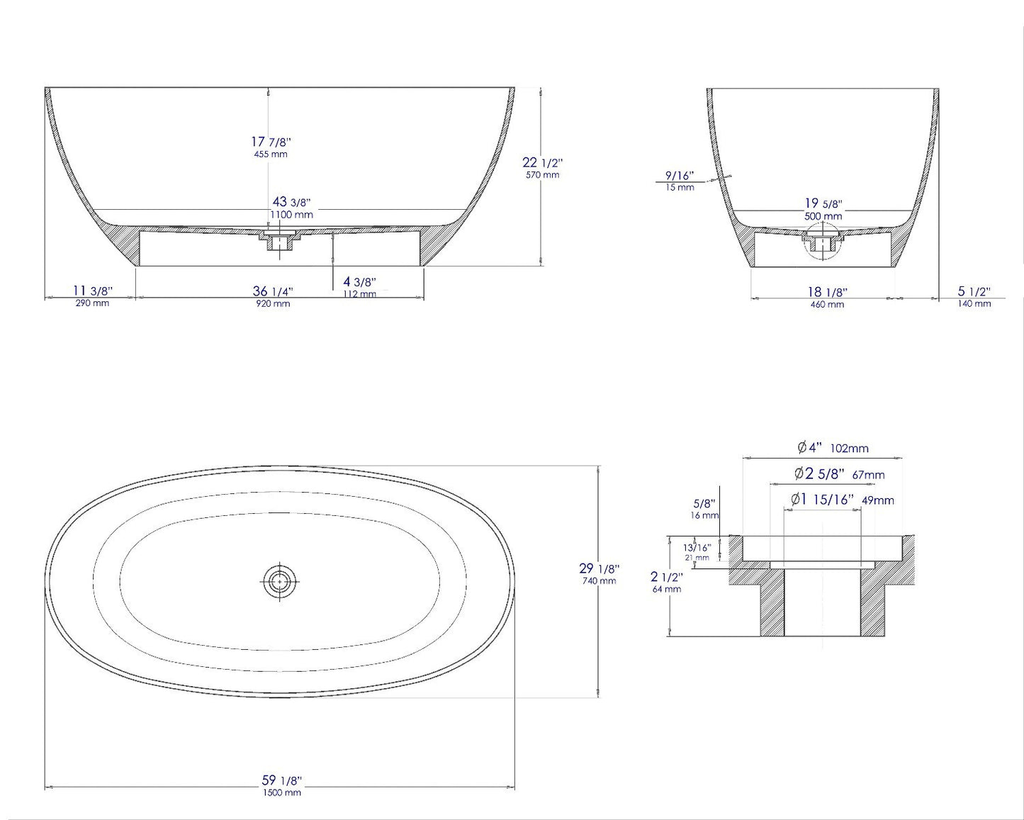 59" White Oval Solid Surface Resin Soaking Bathtub by Alfi