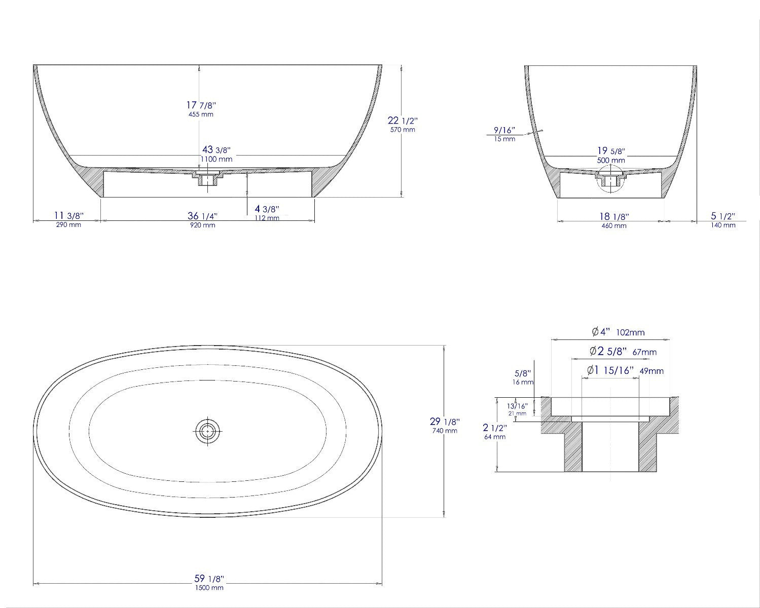 59" White Oval Solid Surface Resin Soaking Bathtub by Alfi