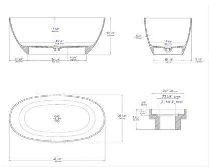 59" White Oval Solid Surface Resin Soaking Bathtub by Alfi
