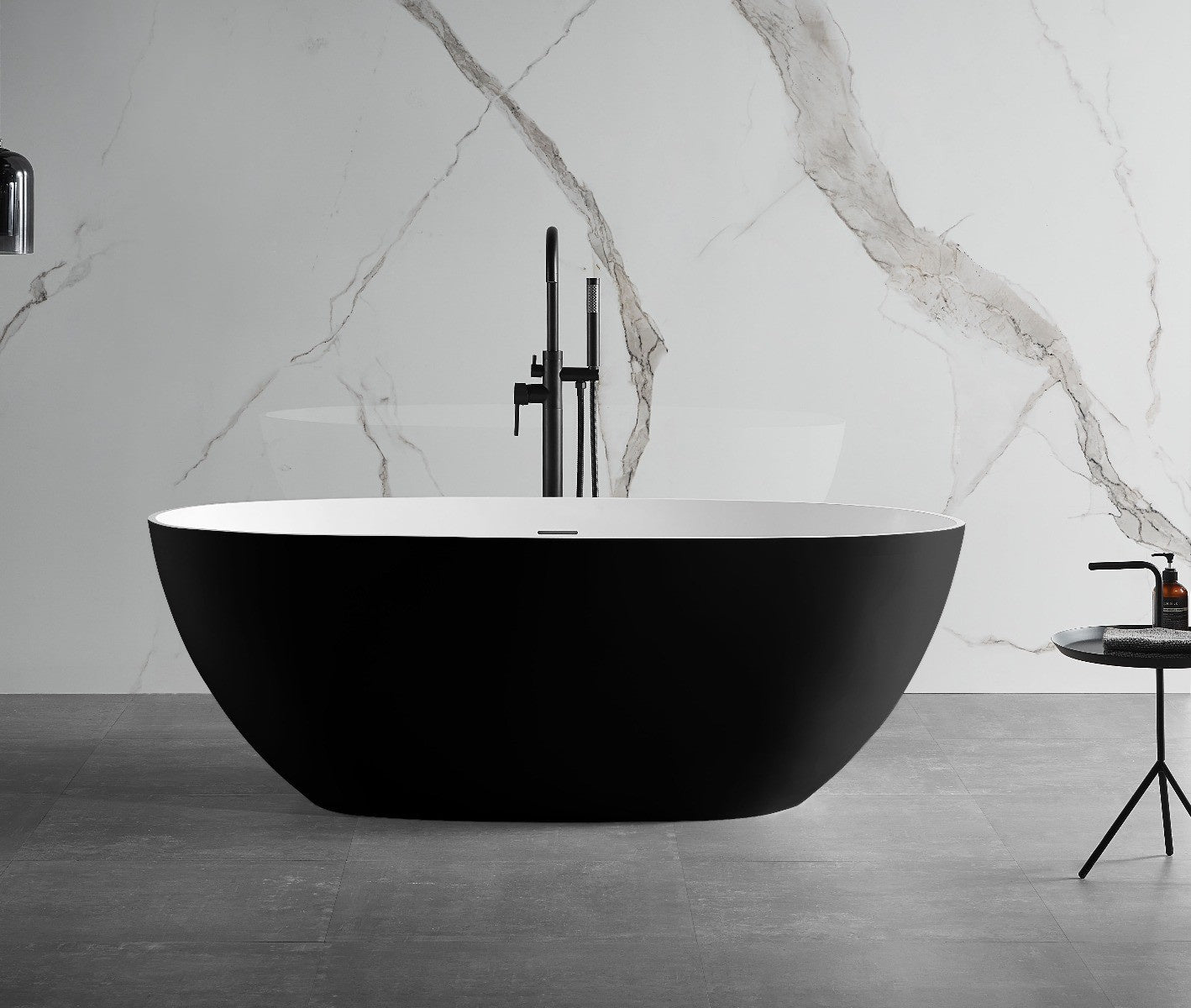59" White Oval Solid Surface Resin Soaking Bathtub by Alfi