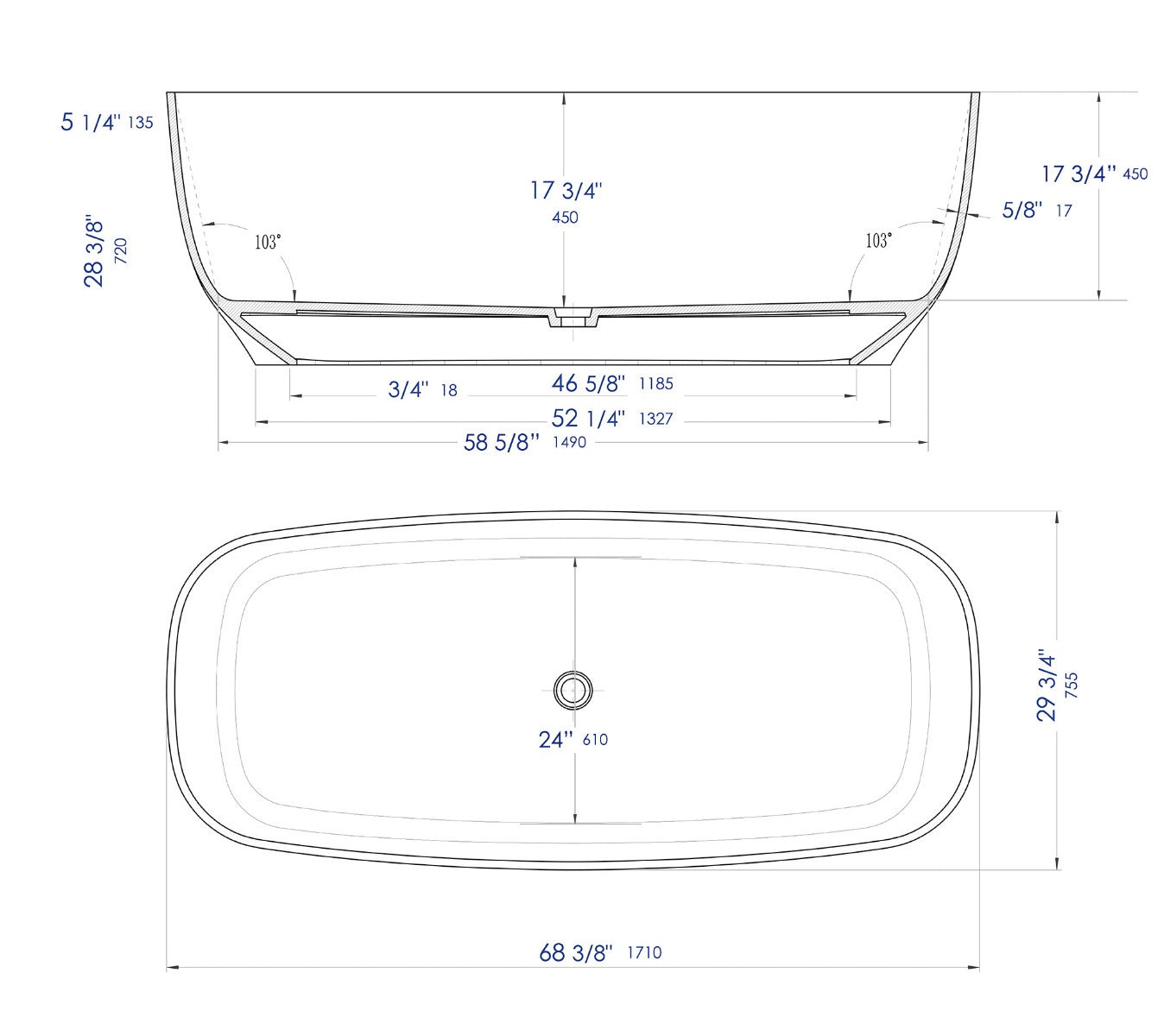68" White Matte Solid Surface Resin Bathtub by Alfi