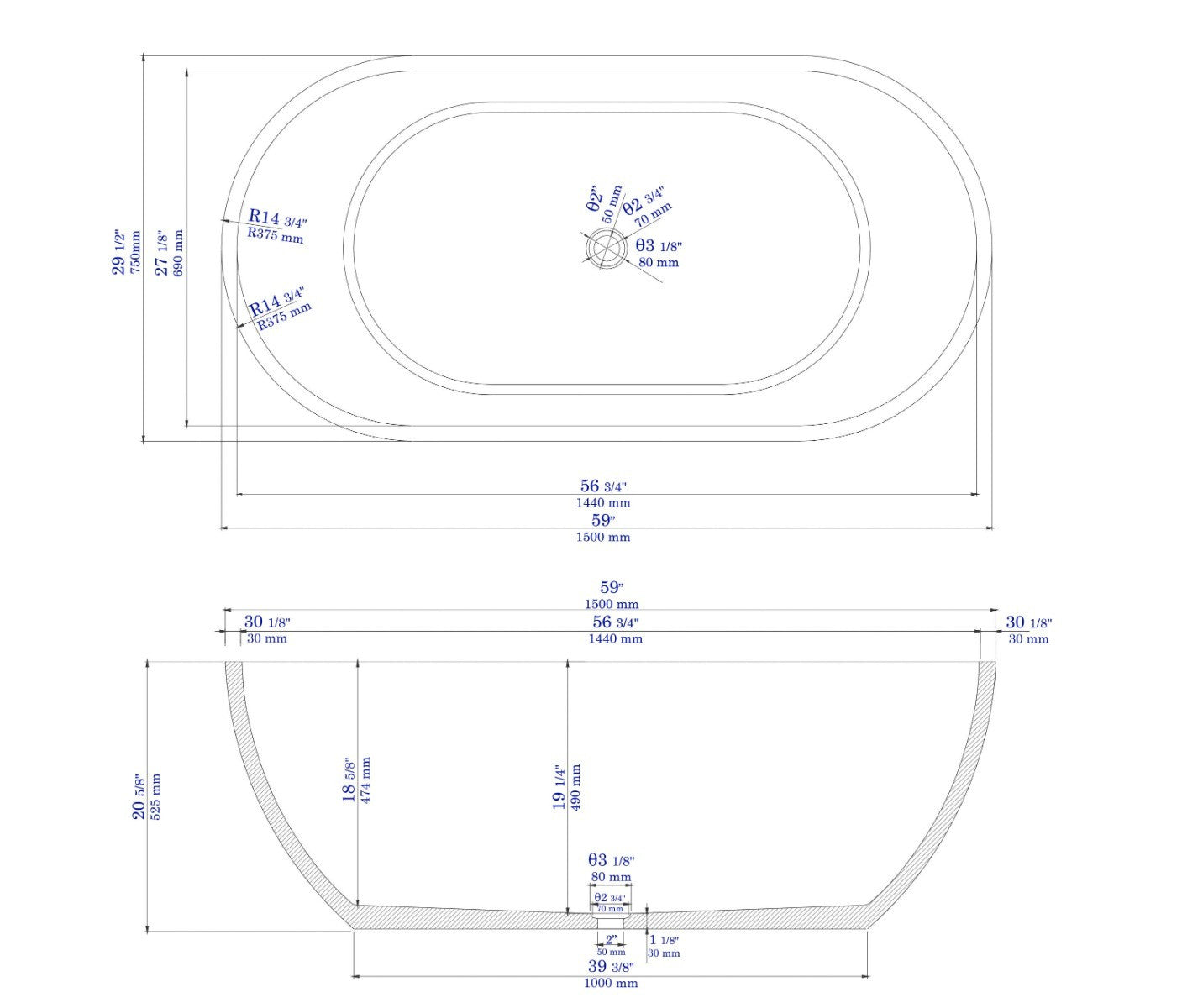 Spa Inspired Solid Concrete Oval Freestanding Bathtub by Alfi