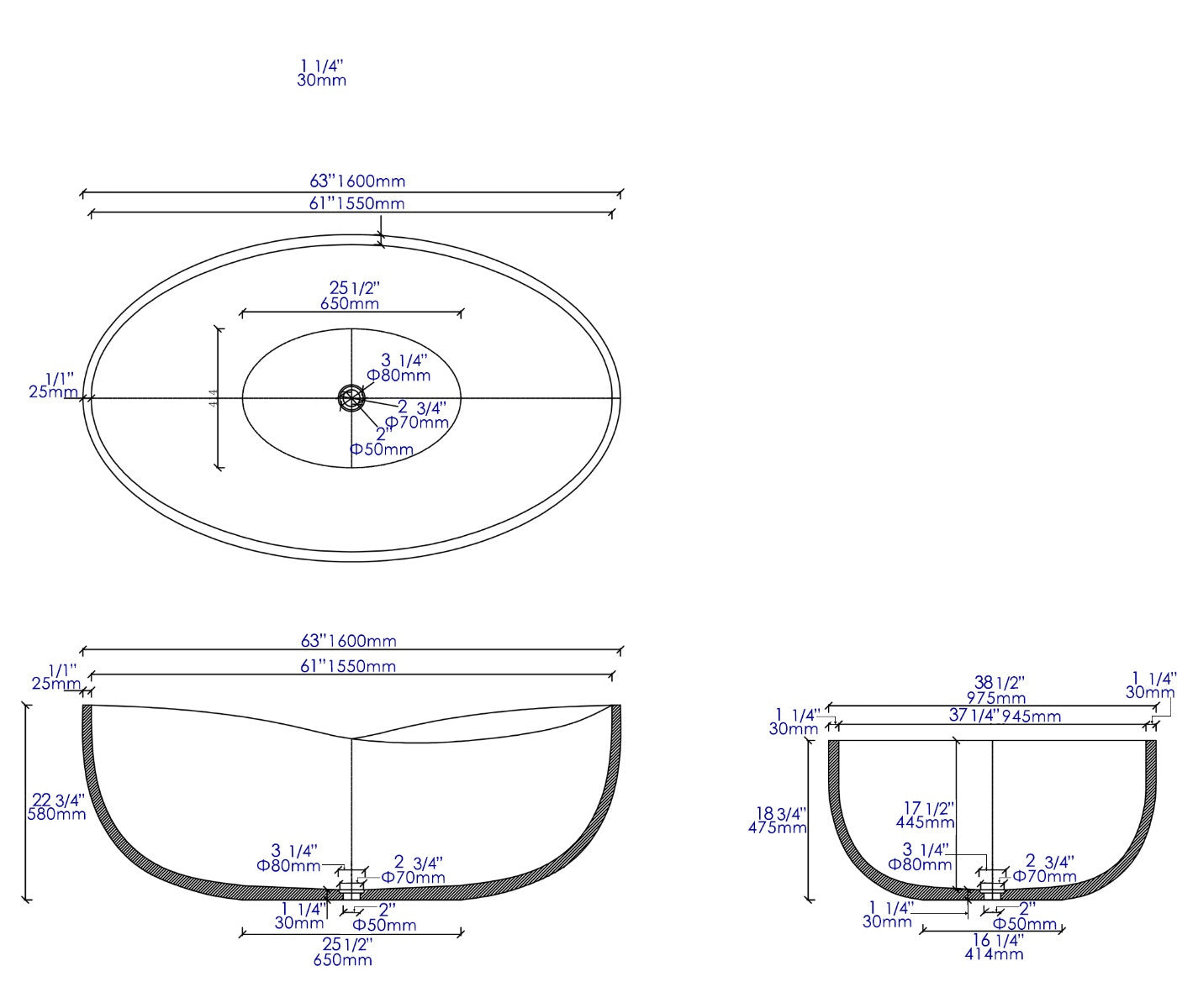 Solid Concrete Gray Matte Oval Bathtub by Alfi