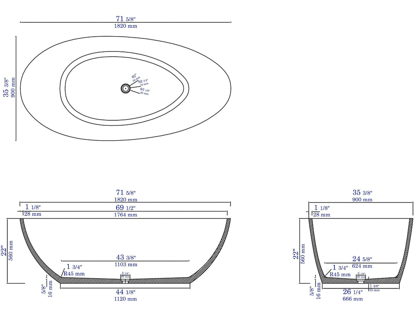 Solid Concrete Tear Drop Freestanding Bathtub by Alfi
