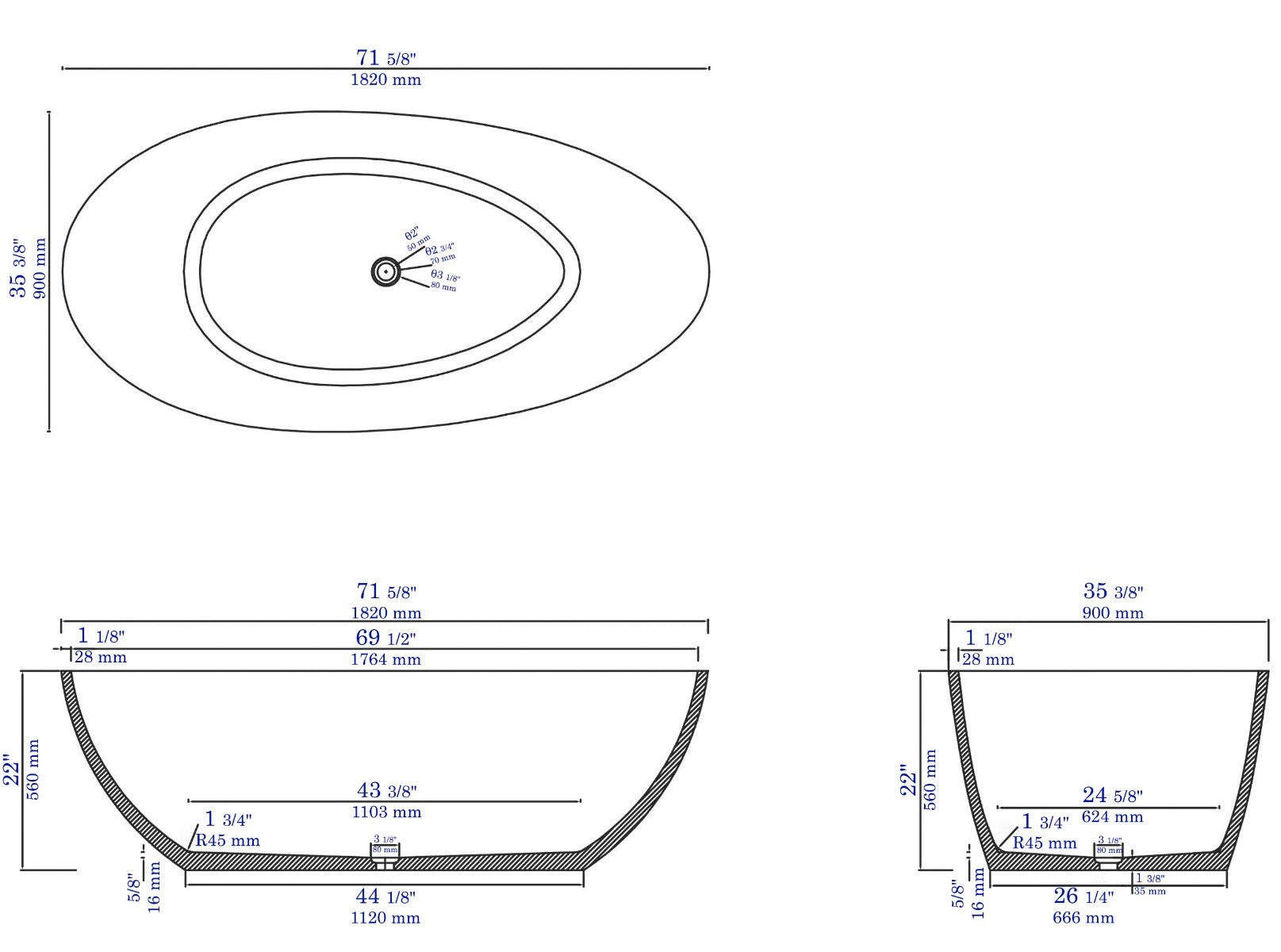 Solid Concrete Tear Drop Freestanding Bathtub by Alfi