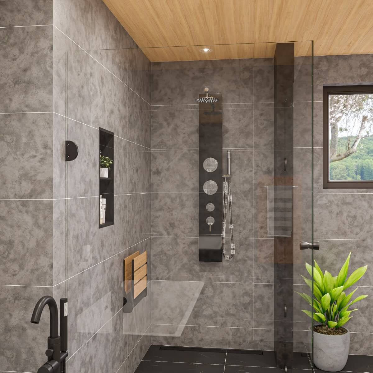 Black Glass Shower Panel with 2 Body Sprays and Rain Shower Head by Alfi