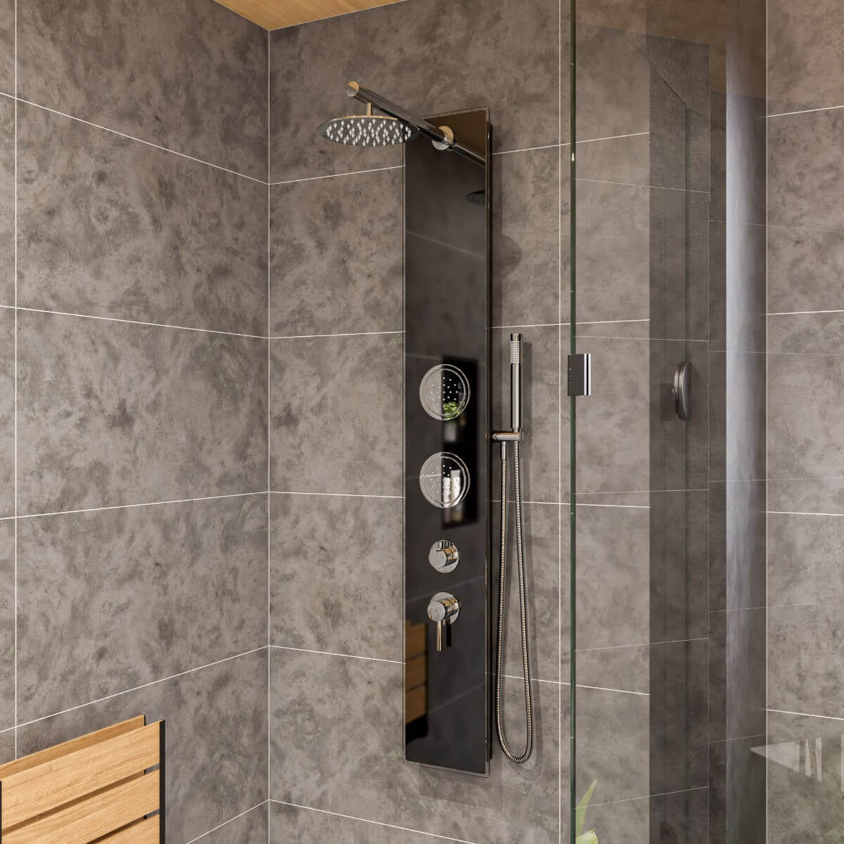 Black Glass Shower Panel with 2 Body Sprays and Rain Shower Head by Alfi