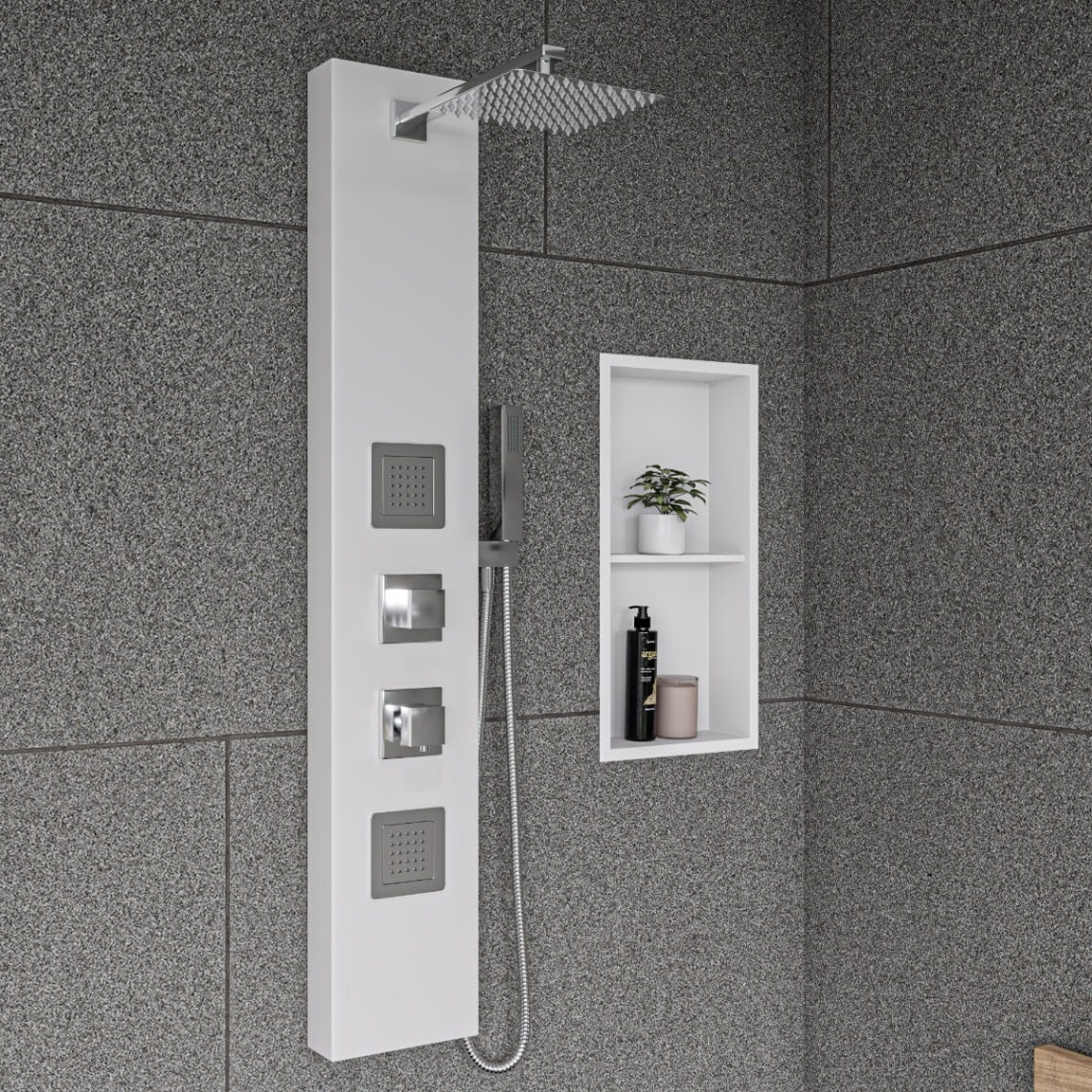 White Aluminum Shower Panel with 2 Body Sprays and Rain Shower Head by Alfi