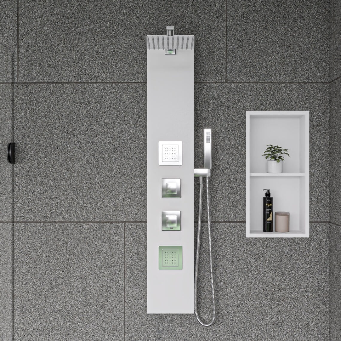 White Aluminum Shower Panel with 2 Body Sprays and Rain Shower Head by Alfi