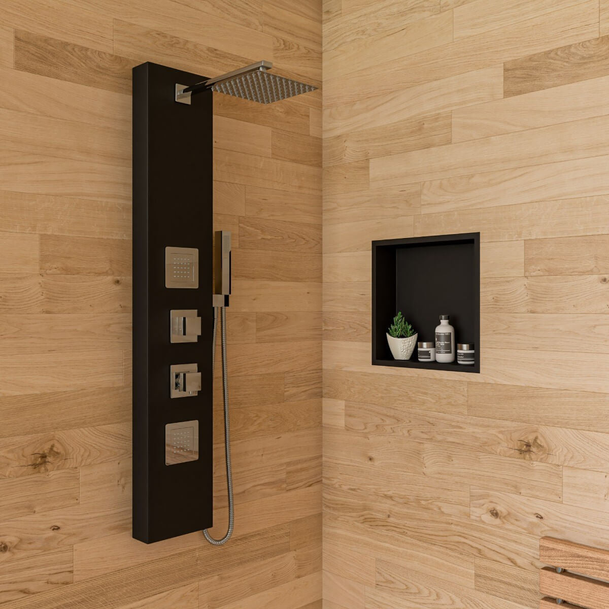Black Aluminum Shower Panel with 2 Body Sprays and Rain Shower Head by Alfi