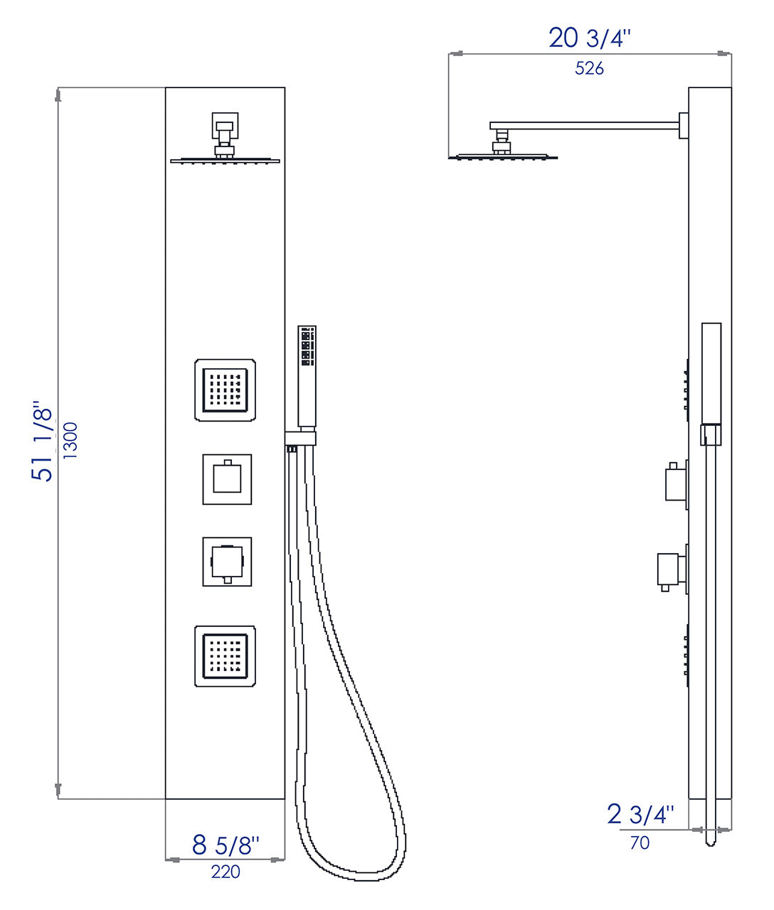 Black Aluminum Shower Panel with 2 Body Sprays and Rain Shower Head by Alfi