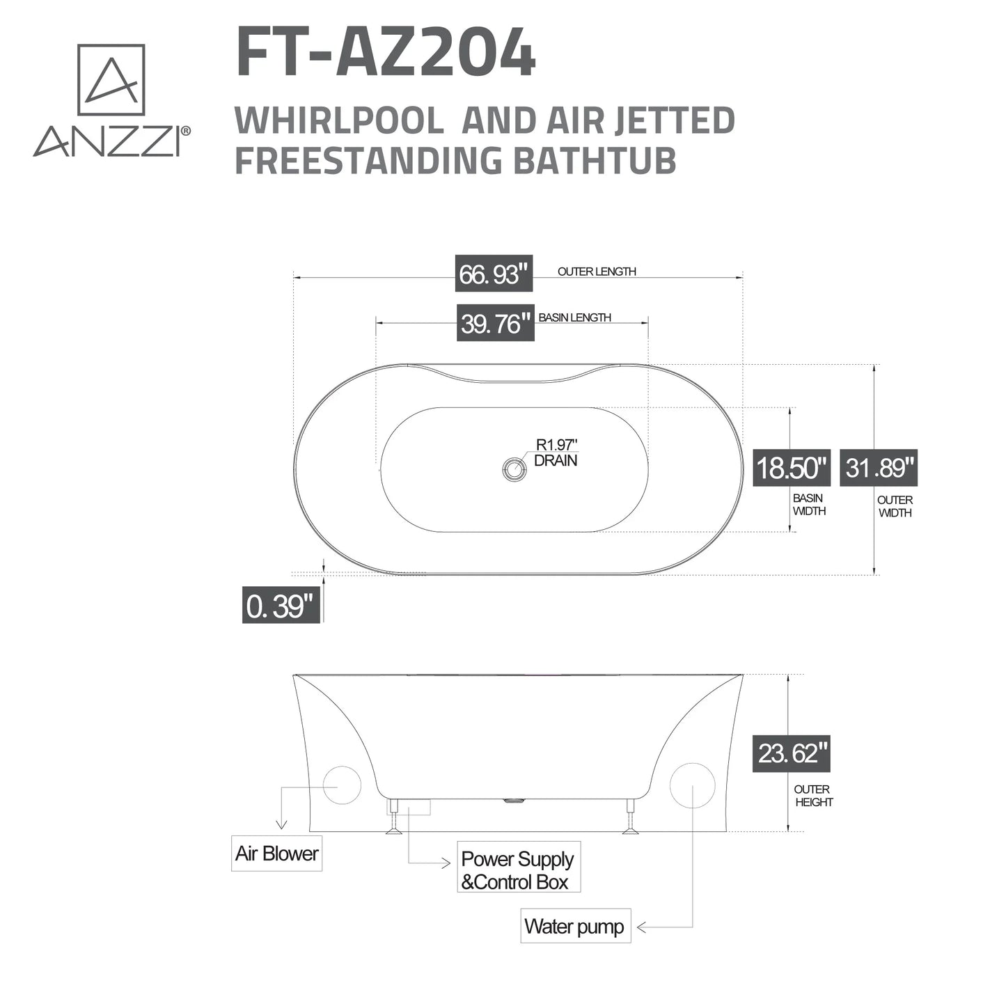 ANZZI Julia Series 67 in. Freestanding Acrylic Air and Whirlpool Bathtub with Touch Sensitive Control and Chroma Lights