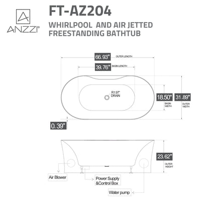 ANZZI Julia Series 67 in. Freestanding Acrylic Air and Whirlpool Bathtub with Touch Sensitive Control and Chroma Lights