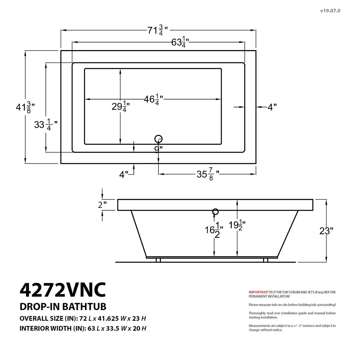 Venetian 42 x 72 Rectangular Air Jetted Bathtub with Reversible Drain
