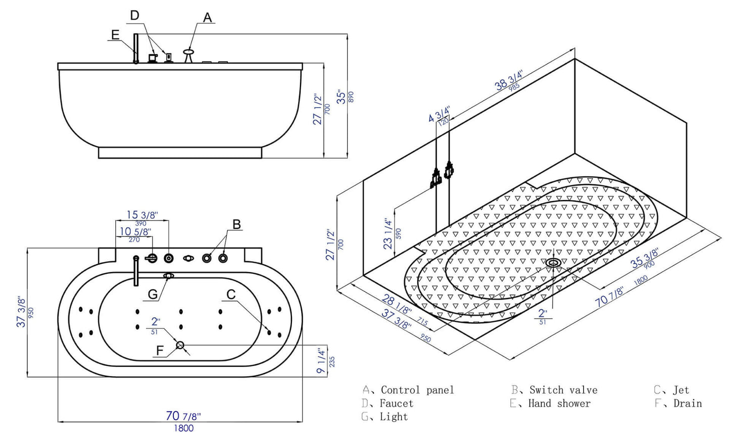 Classic White Whirlpool Bathtub With Fixtures by Alfi