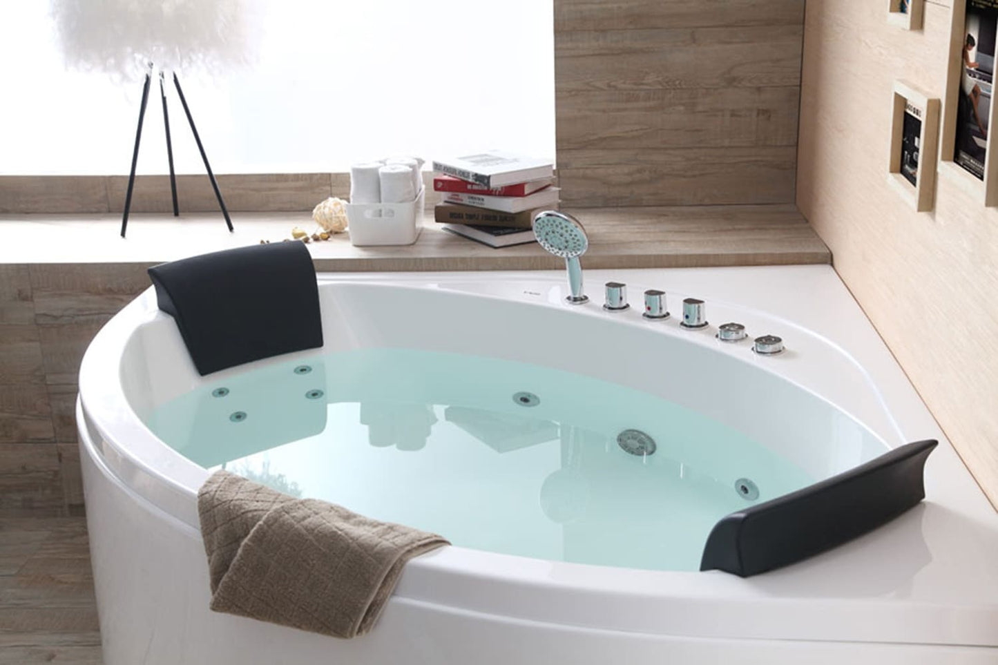 Rounded Modern Double Seat Corner Whirlpool Bath Tub with Fixtures by Eago