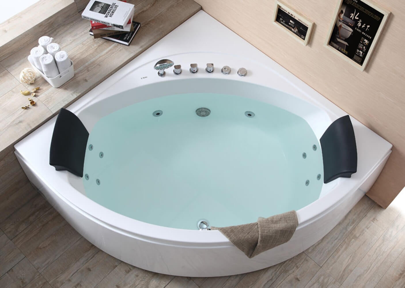 Rounded Modern Double Seat Corner Whirlpool Bath Tub with Fixtures by Eago