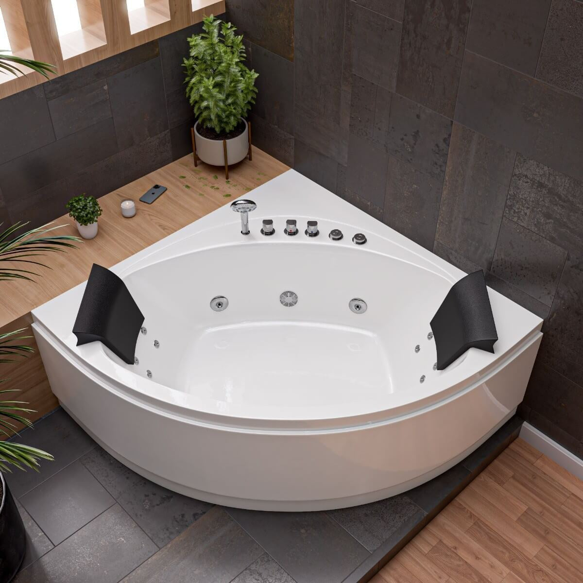 Rounded Modern Double Seat Corner Whirlpool Bath Tub with Fixtures by Eago