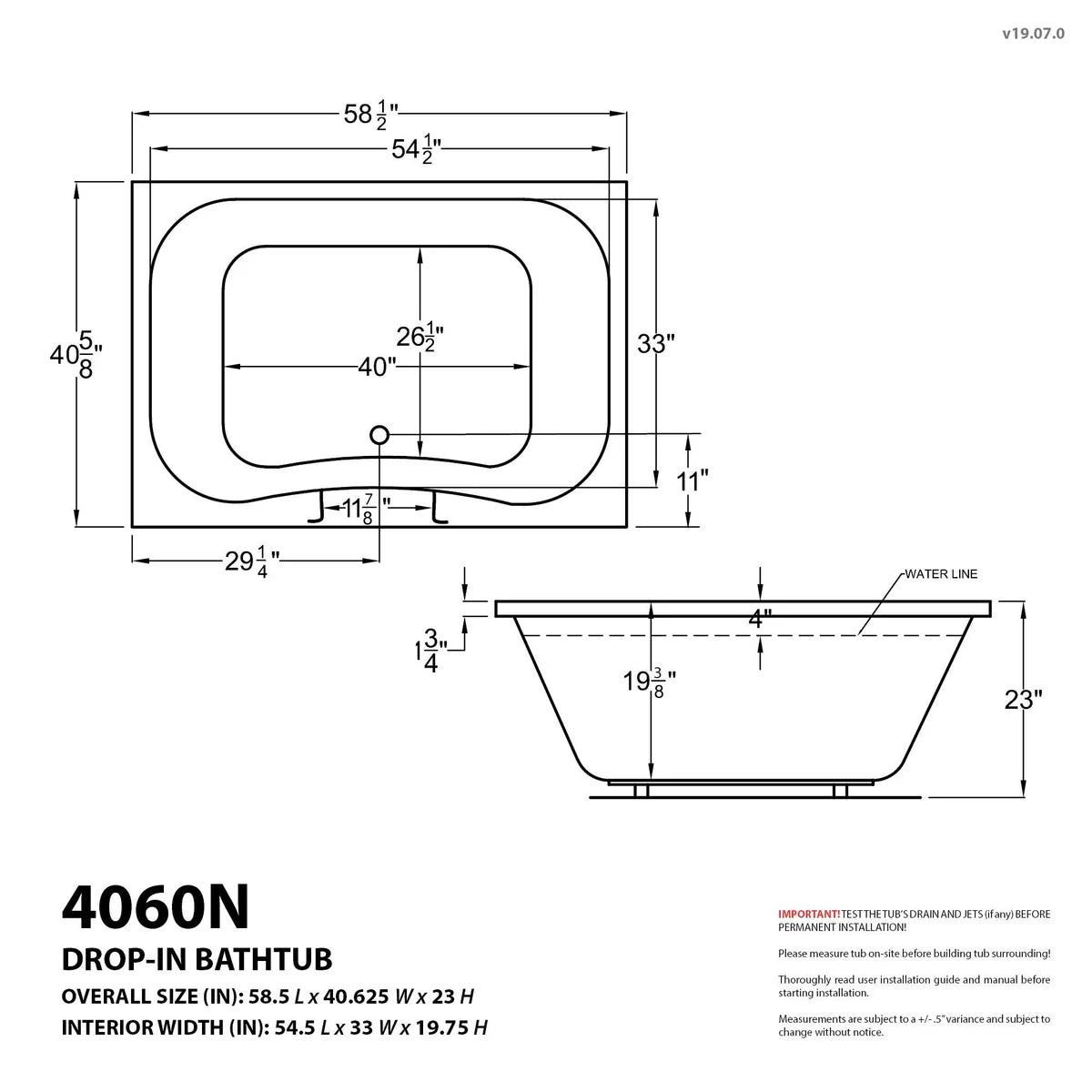 Neptune 40 x 60 Rectangular Air Jetted Bathtub with Reversible Drain