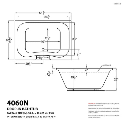 Neptune 40 x 60 Rectangular Air Jetted Bathtub with Reversible Drain